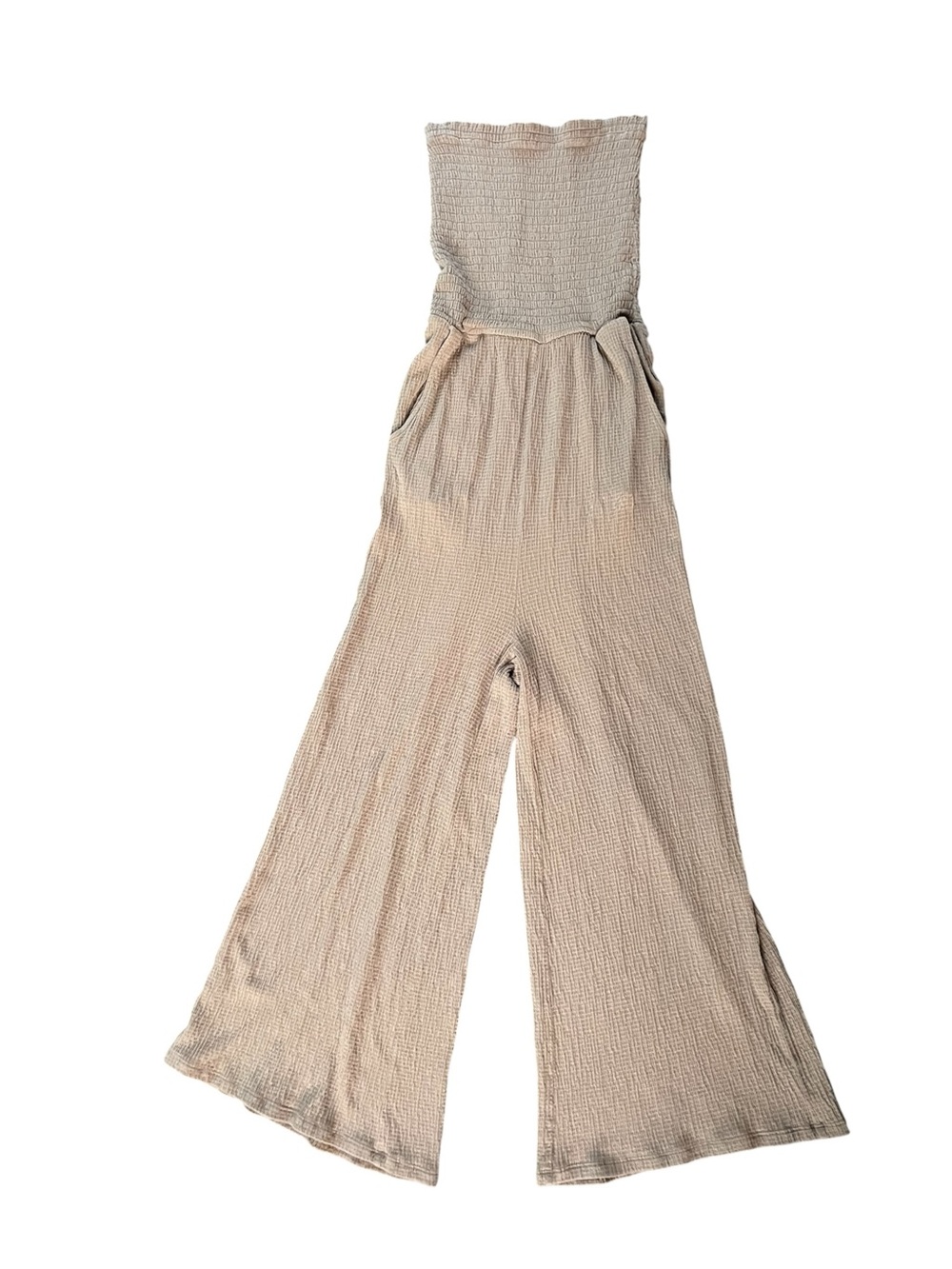 Love Tree Strapless Wide-Leg Jumpsuit in Light Tan